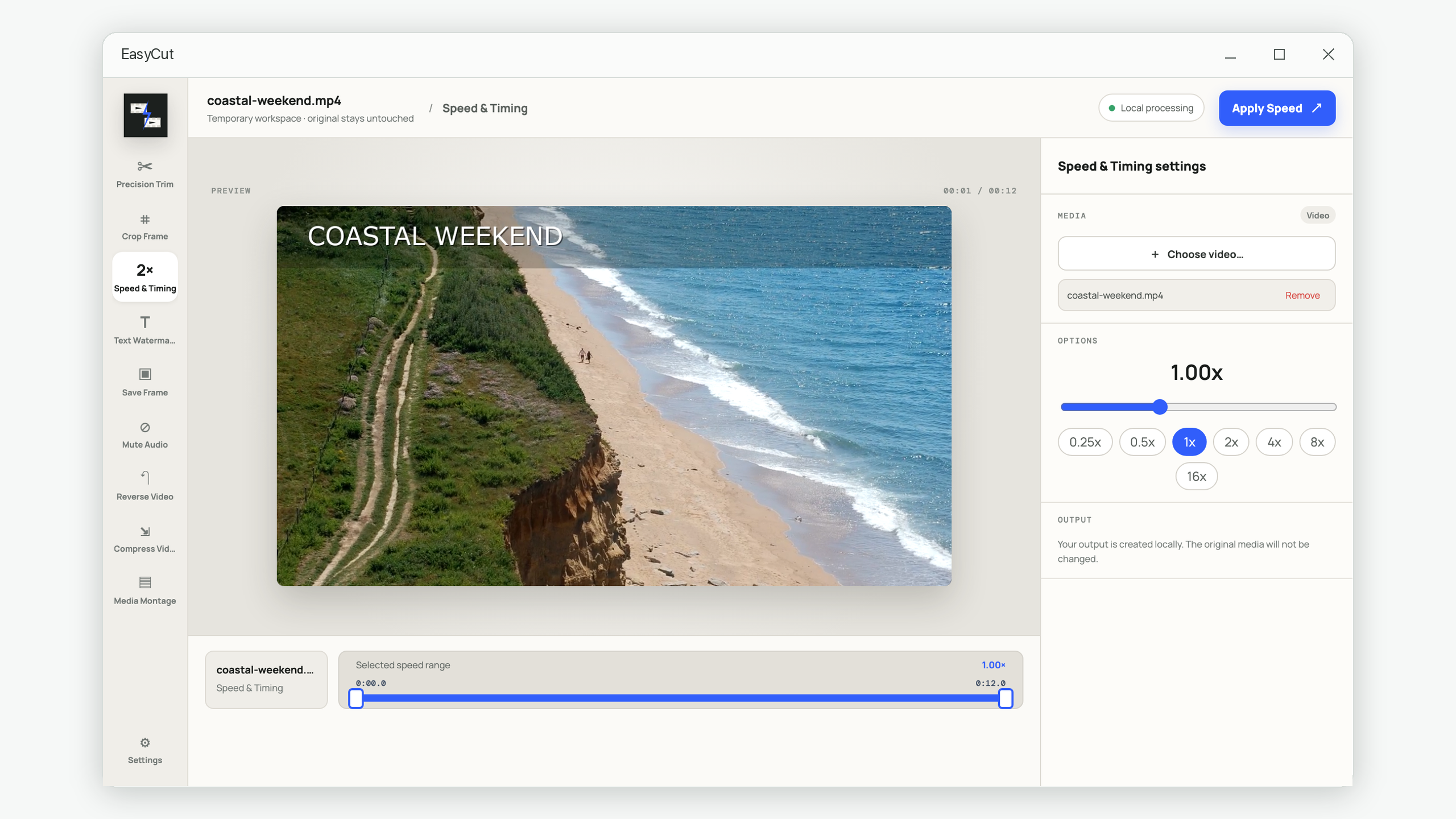 EasyCut Speed and Timing tool adjusting one selected section of a video