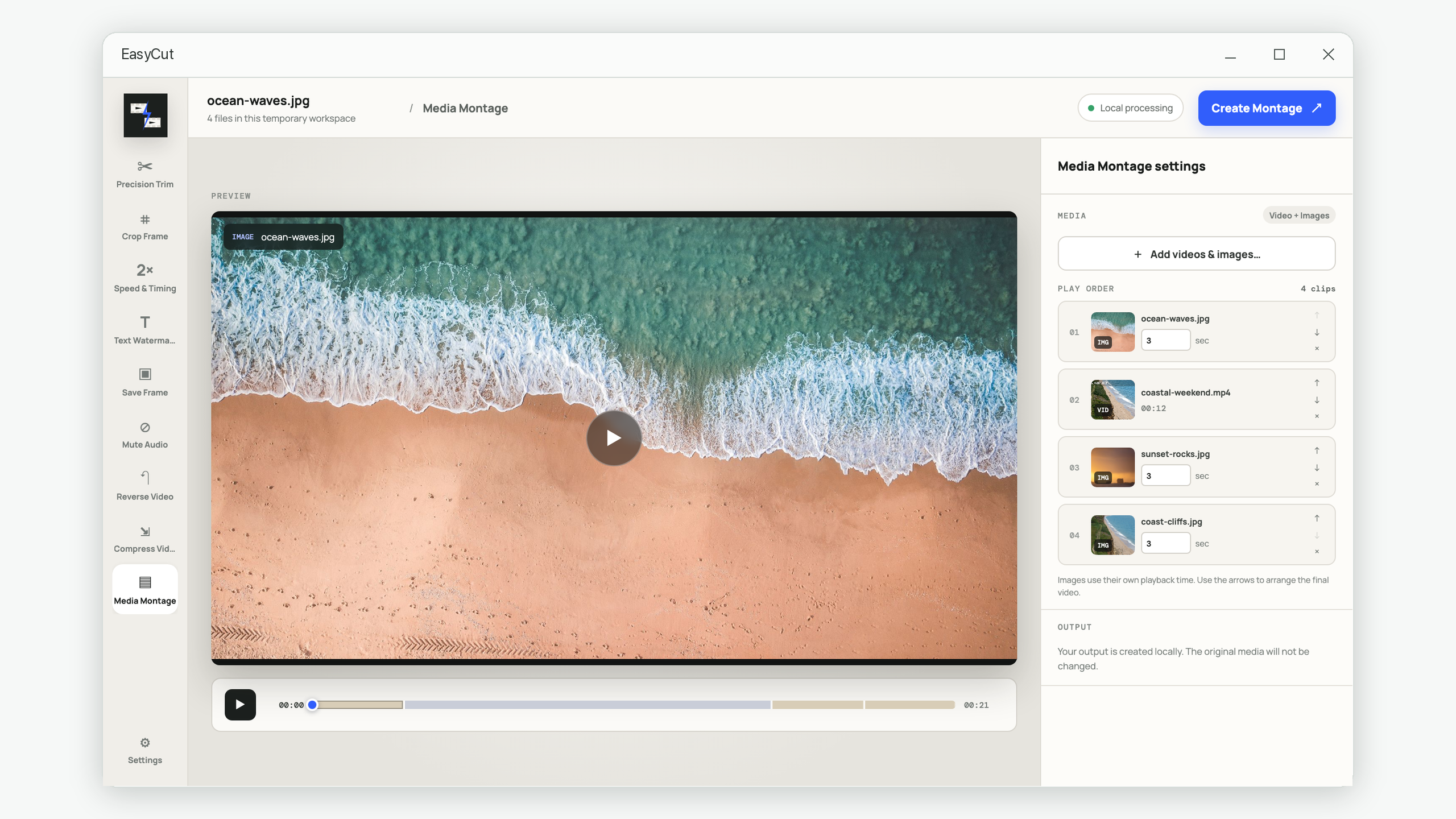 EasyCut Media Montage arranging one video and three photos into a sequence