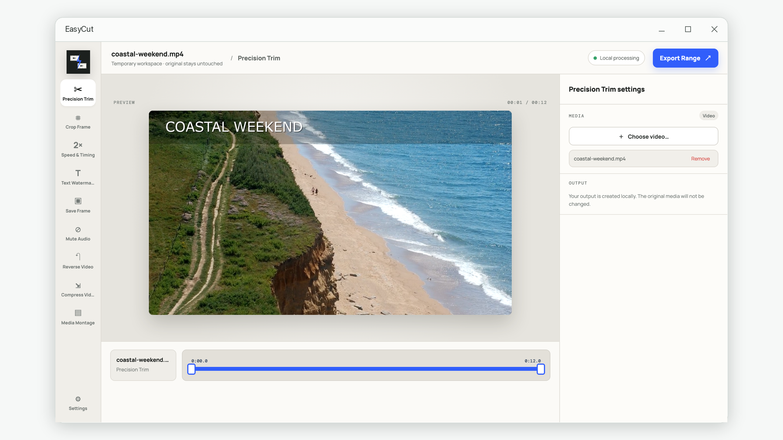 EasyCut Precision Trim interface with a video preview and draggable time range
