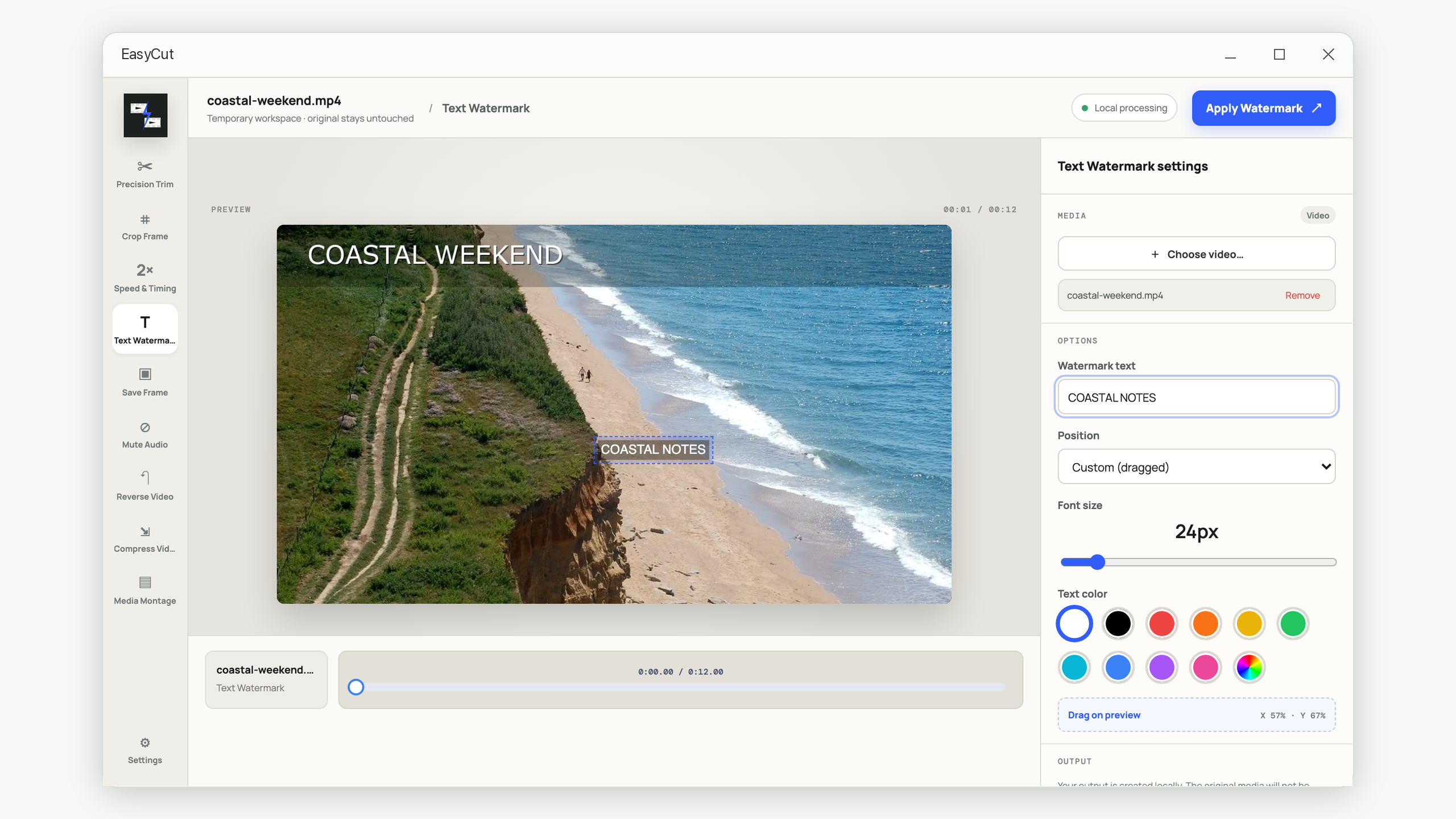 EasyCut Text Watermark tool positioning text directly over a video preview